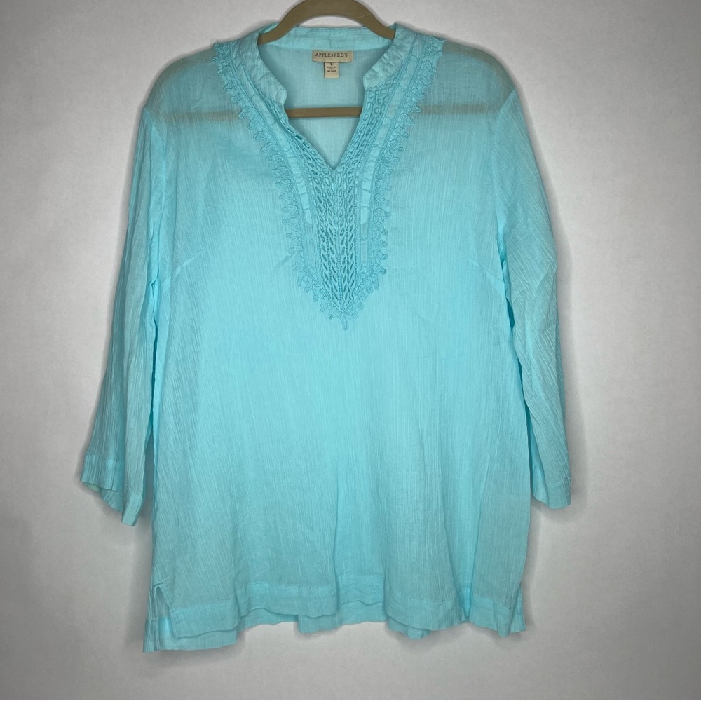 Appleseeds L Sheer Aqua Teal Blue Top Blouse Cover Beach‎ Pool 100% Cotton Large